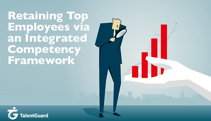 Employee looking through a magnifying glass at a bar graph held by a large hand